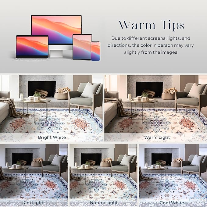 Phantoscope Washable Area Rug 5'x7' Non-Slip, Vintage Boho Rugs for Living Room, Bedroom, Dining Room, Medallion Persian Symmetrical Pattern, Low-Pile Foldable Floor Carpet, Ivory Blue/Orange