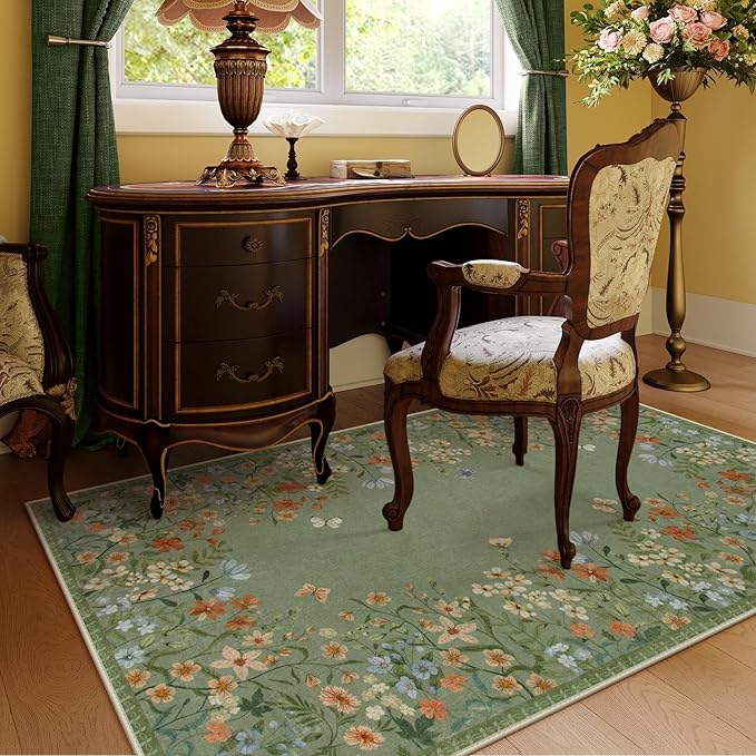Lahome Boho Floral 3x5 Washable Rugs for Entryway Soft Rug for Bedroom,Green Kitchen Rugs Non Slip Washable,Indoor Carpet Throw Carpet for Bathroom Laundry Living Room Foyer(Green,3x5)