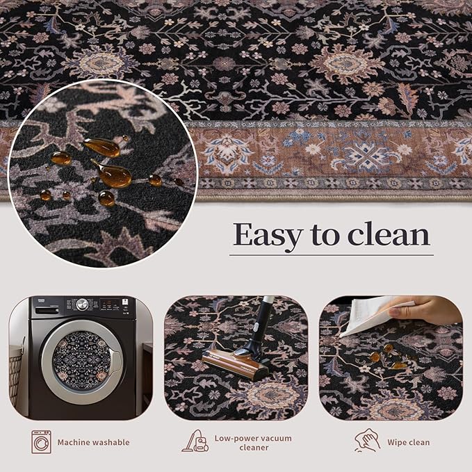Ciicool Black Area Rugs Washable Non Slip Runner Rug, 2x6ft Hallway Rug Vintage Kitchen Carpet for Entrance Bedroom Laundry Bathroom Decor
