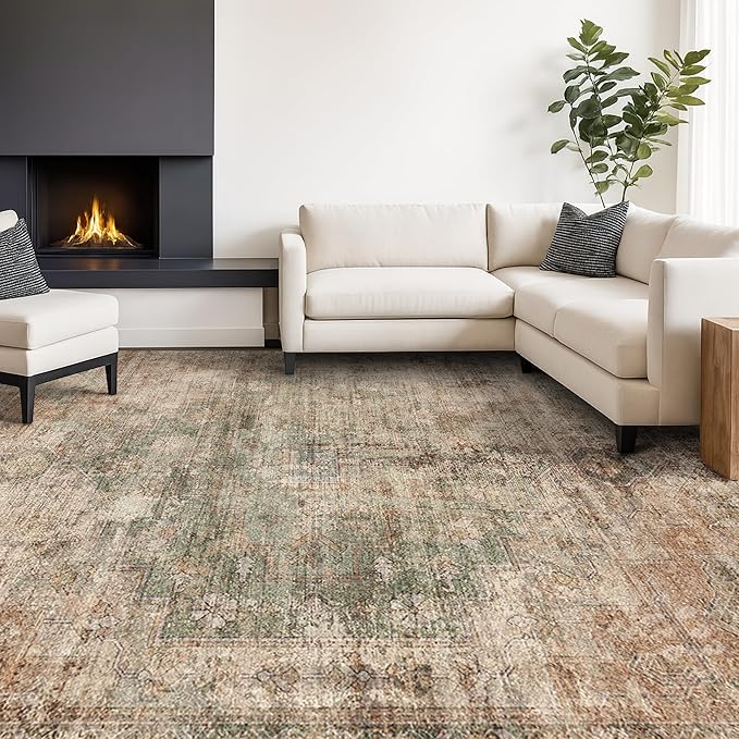 Vintage Dark 6x9 Living Room Rug - Green and Brown Modern Abstract Rug for Dining Room Under Table, Bedroom, Washable Non Slip Soft Rust Taupe Faded Print Mat