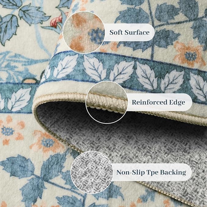 6x9 Area Rugs Living Room Rug - Floral Vintage Morris-Inspired Washable Carpet, Low Pile Non-Shedding Stain Resistance Boho Soft Carpet for Bedroom, Dining Room, Office, Farmhouse (6'x9' Blue/Orange)