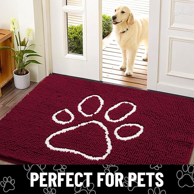 Smiry Dog Door Mat for Muddy Paws, Absorbent Dirt Trapper Non Slip Quick Dry Washable Chenille Mat for Mud Dogs, Entry Rug for Indoor and Outdoor (70x24 Inches, Burgundy and White)