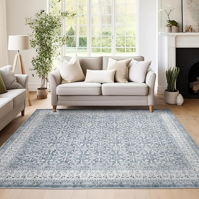 jinchan Floral Area Rugs 4x6 - Machine Washable Vintage Distressed Boho Design Throw Rug Stain Resistant Carpet Low Pile Ultra-Thin Non-Slip for Bedroom Living Room Dining Room Kitchen (4‘x6', Grey)