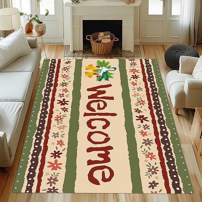 Vintage Christmas Area Rugs 5x8ft Merry Christmas Snowflakes Floral Winter Holiday Decorative Floor Mats Xmas Decorative Rugs for Living Room Bedroom Doormats Welcome Mats Non-Slip and Durable