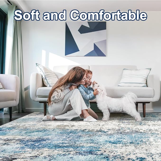 Area Rug for Living Room 10x14 - Extra Large Washable Neutral Modern Abstract Rugs, Soft Carpet with Non Slip Backing for Under Dining Room Table, Bedroom, Home, Office, Dorm - Blue Gray