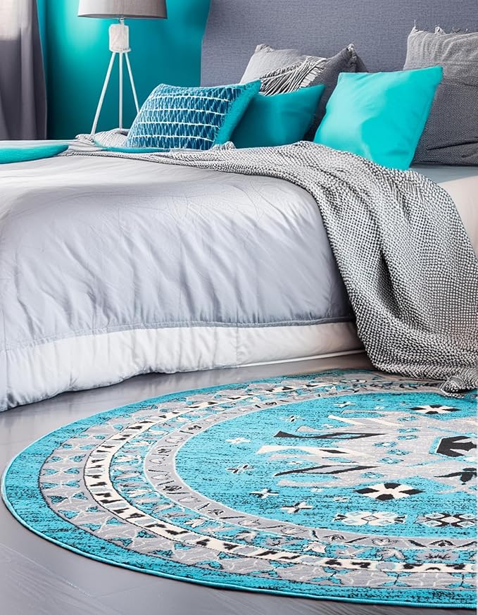 Unique Loom Taftan Collection Border Geometric Tribal Inspired Design Area Rug (8' 0 x 8' 0 Round, Turquoise/ Gray)