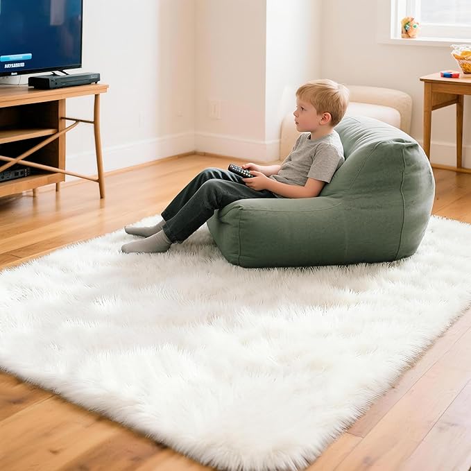 4x6 Solid Fluffy White Area Rug – Washable, Durable, Living Room Rug, Non-Slip High Pile Shag Rugs for Bedroom, Living Room, Bedside, Dorms, Nursery Rooms, Kids Room, Soft Indoor Floor Carpet
