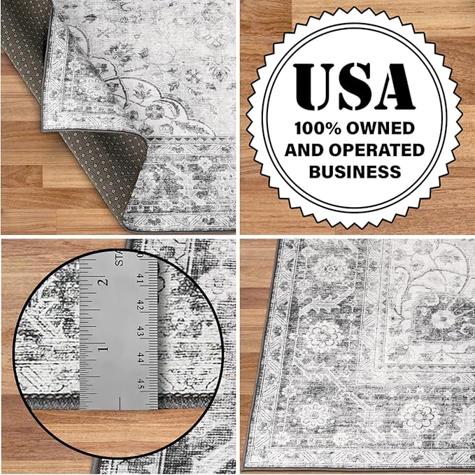 ReaLife Rugs Machine Washable Area Rug Runner - Living Room Bedroom Bathroom Kitchen Entryway Office - Padded Low Pile Stain Resistant Premium - Boho Farmhouse Vintage - Joy - Gray 2'6" x 6'