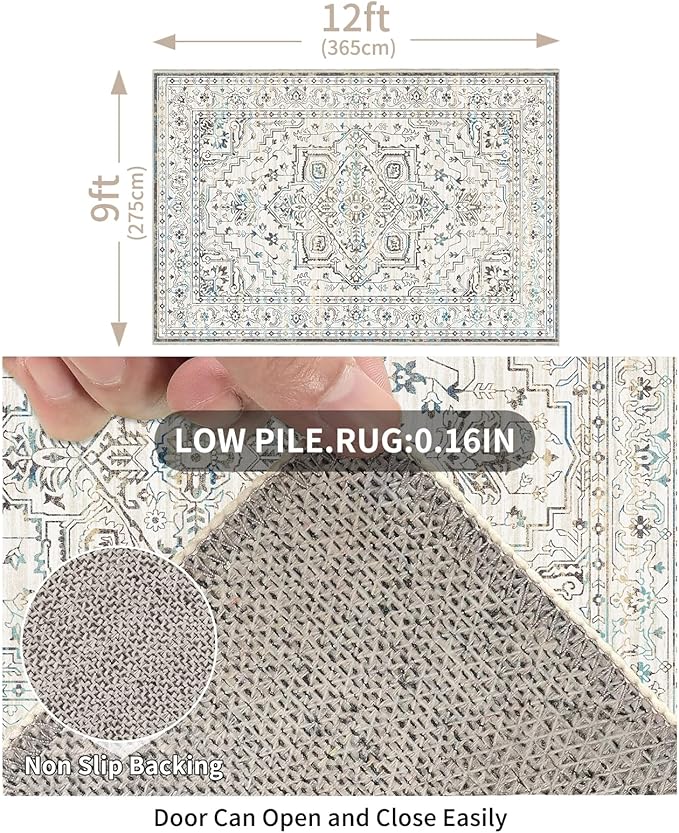 Enkor Area Soft Rugs 9x12 Washable Non Slip Boho Floor Rugs for Living Room Bedroom, Vintage Style Farmhouse Mat for Kitchen Entryway White & Grey