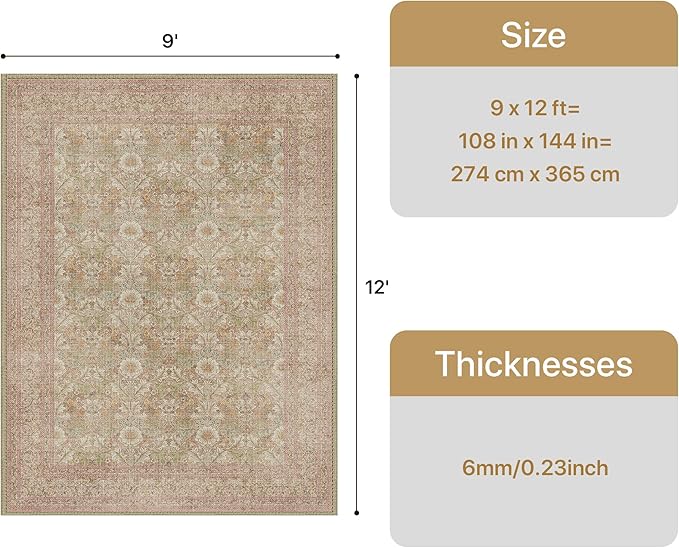 Bavni Vintage Floral Rugs 9x12, Large Washable Area Rug with Non Slip Backing, Low Pile for Living Room, Nursery,Bedroom & Home Decor, Lightweight Carpet, Brown Pink
