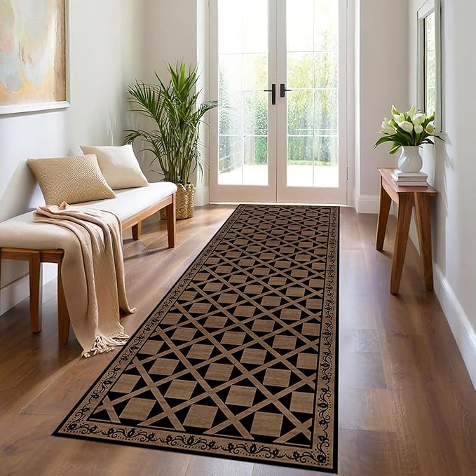 Minimalist Checkered Runner Rug, 2x10ft, Brown Checkerboard Floor Mat, Floral Print Hallway Kitchen Runners Rugs, Washable Breathable Reduce Noise Room Decor Carpet for Bedroom Foyer