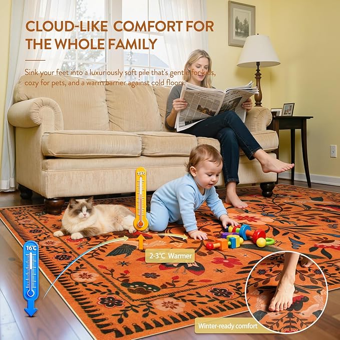 Moynesa Area Rugs 9x12 Fall Home Decor, Bohemian Scandinavian Modern Country Aesthetic Floral Bird Medallion Carpet for for Living Room Bedroom Dining Room,Non-Slip Washable Floor Protection