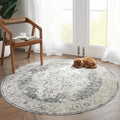 jinchan Kelda Round Rug 5ft Washable Area Rug Indoor Vintage Floor Cover Distressed Circle Mat 5' Round Lightweight Non Slip Low Pile Thin Carpet for Entryway Kitchen Living Room Bedroom Grey