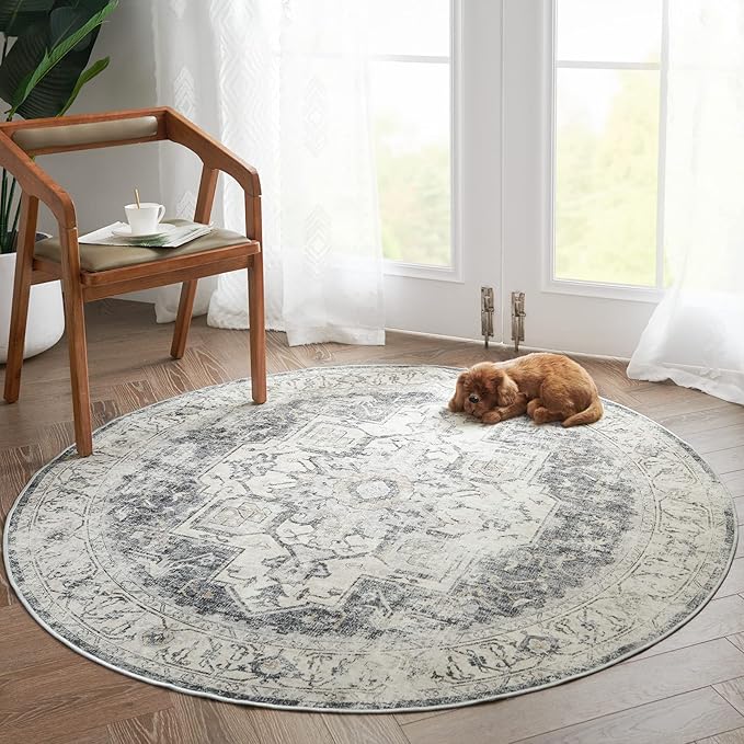 jinchan Kelda Round Rug 5ft Washable Area Rug Indoor Vintage Floor Cover Distressed Circle Mat 5' Round Lightweight Non Slip Low Pile Thin Carpet for Entryway Kitchen Living Room Bedroom Grey