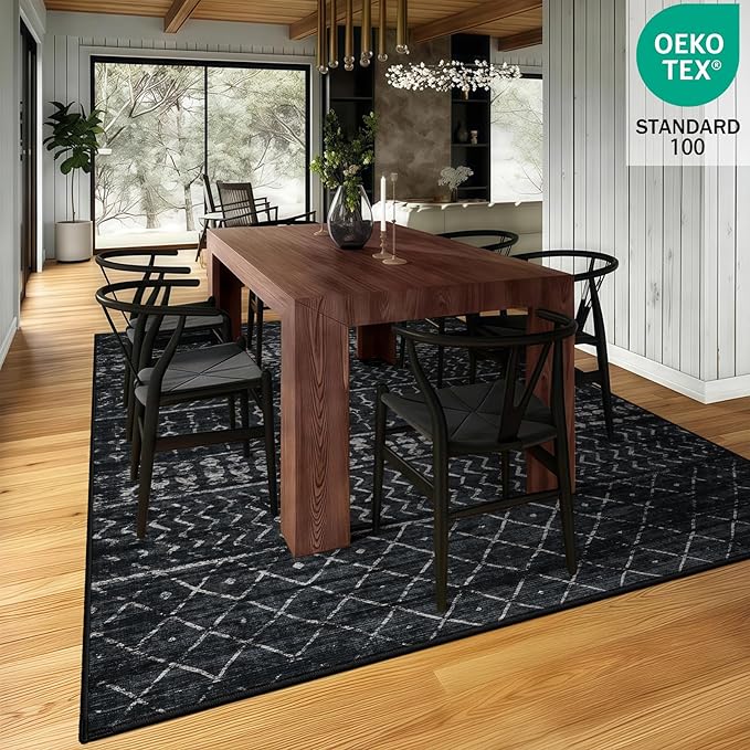 5x7 Machine Washable Area Rug for Living Room, Black Vintage Moroccan Rug Large Non-Slip Low Pile Soft Faux Wool Carpet, Kids and Pets Friendly for Bedroom Dining Room Farmhouse Home Decor Rug
