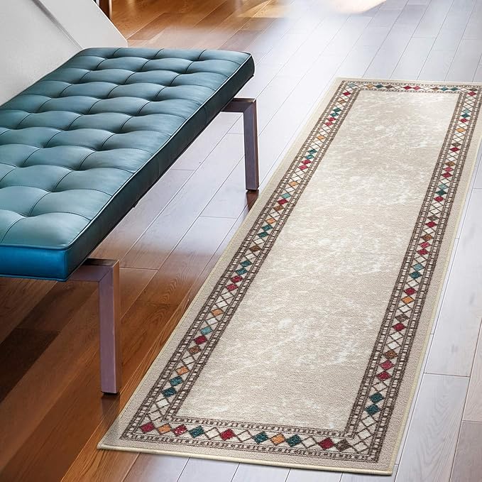 Antep Rugs Alfombras Modern Bordered 2x10 Non-Skid (Non-Slip) Low Profile Pile Rubber Backing Indoor Area Runner Rugs (Beige, 2' x 10')