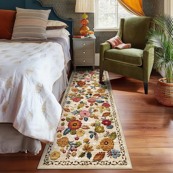2x6 Machine Washable Runner Rug, Kitchen Hallway Area Rug Beige Vintage Boho Floral Ultra Non-Slip Low Pile Soft Faux Wool Carpet, Kids and Pets Friendly for Bedroom Entryway Nursery Home Decor Rug