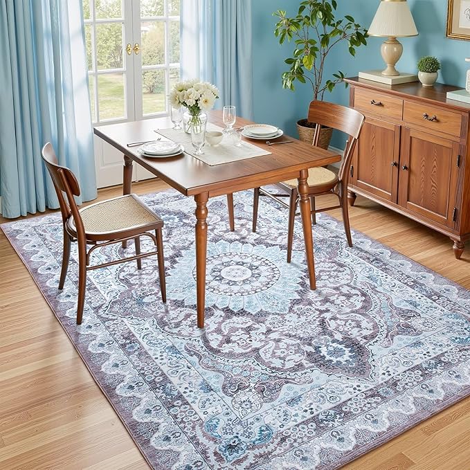 5x7 Area Rug for Bedroom, Machine Washable Rugs with Non-Slip Backing for Living Room, Soft Vintage Carpet Kitchen Laundry Kids Room Decor, Blue & Brown