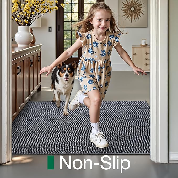 LUMI Ultra Thin Indoor Door Mat for Entrance 36"x56", Non Slip Entryway Mat, Low Profile Doormat, Unique Herringbone Design Carpet for Inside, Patio, Porch, Medium Gray