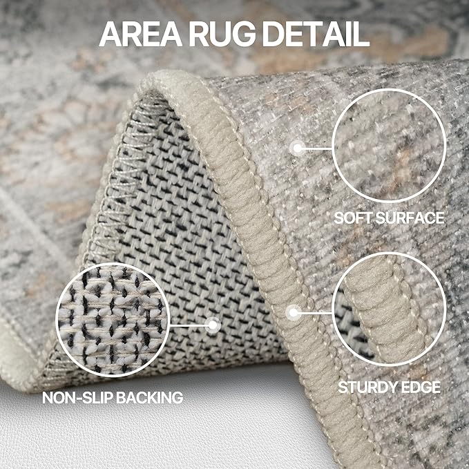 Bavni Vintage 5x7 Area Rugs, Boho Oriental Living Room Rug, Machine Washable Rug Non Slip, Distressed Print Indoor Large Grey Rugs, Low Pile Ultra-Thin Soft Carpet for Bedroom, Dining Room, Farmhouse