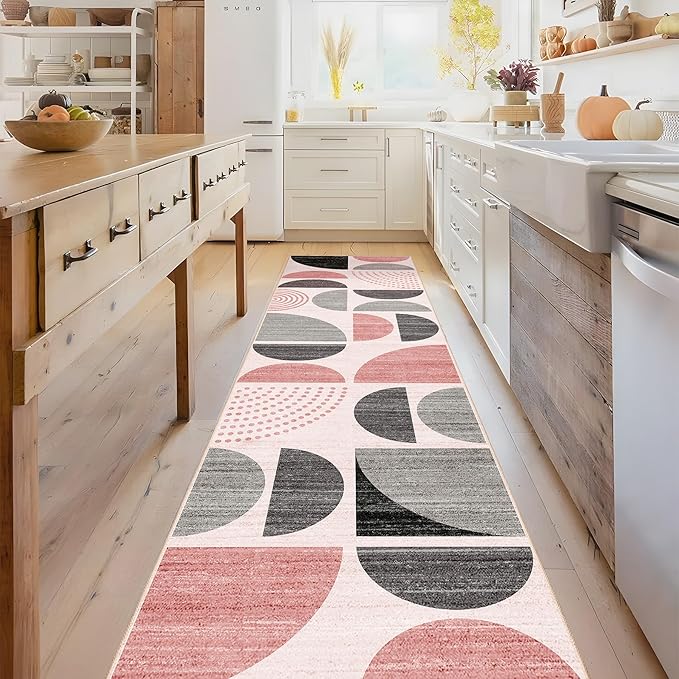MUJOO Pink Runner Rug Washable,Boho 2x8 Area Rugs for Hallways Kitchen Bedroom Entryway Bathroom,Non Slip Carpet Long Mat Indoor,Soft Modern Abstract Pink and Grey