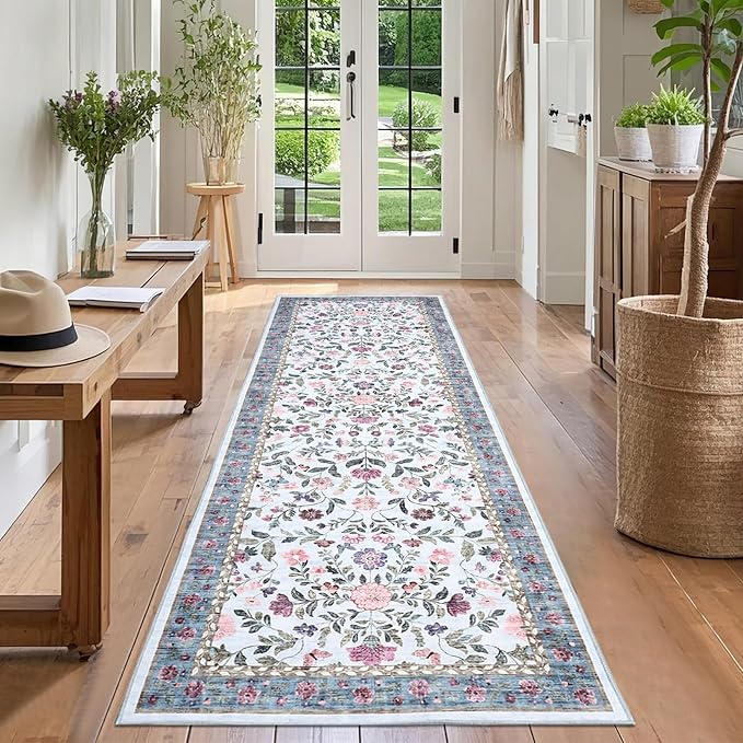 GarveeHome Washable Runner Rug 2 x 6 Non-Slip Non-Shedding Soft Vintage Bedside Rug, Low Pile Farmhouse Floral Carpet, Indoor Foldable Printed Entryway Rug for Hallway Kitchen, Light Blue