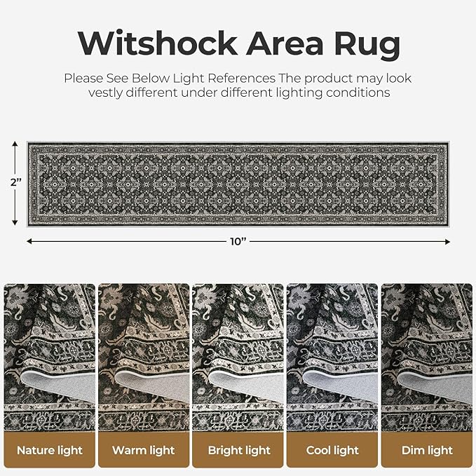 WITSHOCK Black Boho Washable 2x10 Kitchen Runner Rug,Vintage Neutral Hallway Rugs for Entryway,Soft Distressed Floor Mat for Bedroom,Entrance,Indoor Back Door(Black,2x10)