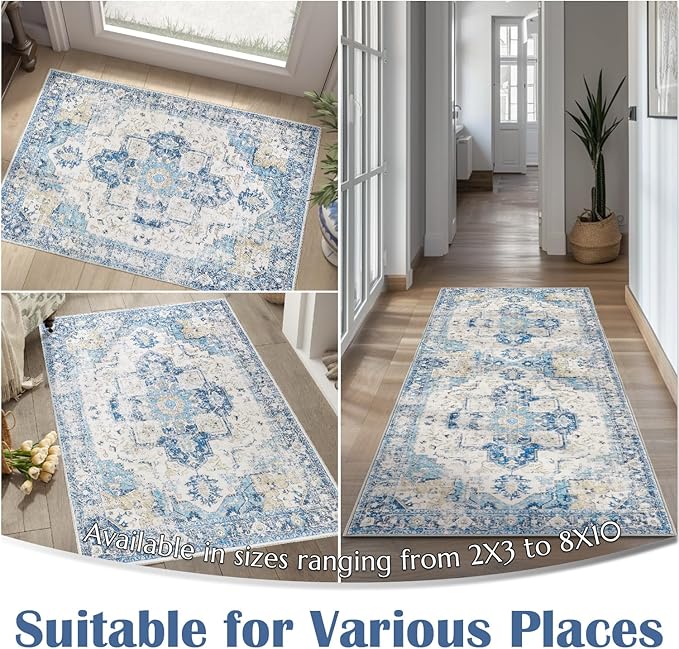 jinchan Kelda Area Rug 2x3 Entryway Rug Washable Soft Indoor Vintage Floor Cover Retro Distressed Mat Accent Lightweight Non-Slip Carpet for Entrance Bathroom Kitchen Living Room Bedroom Blue