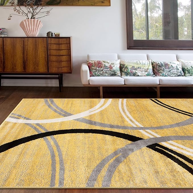 Rugshop Wavy Circles Design Area Rug, Carpet with Jute Backing for Living Room, Bedroom, or Dining Room, Yellow, 7'10" x 10'2"