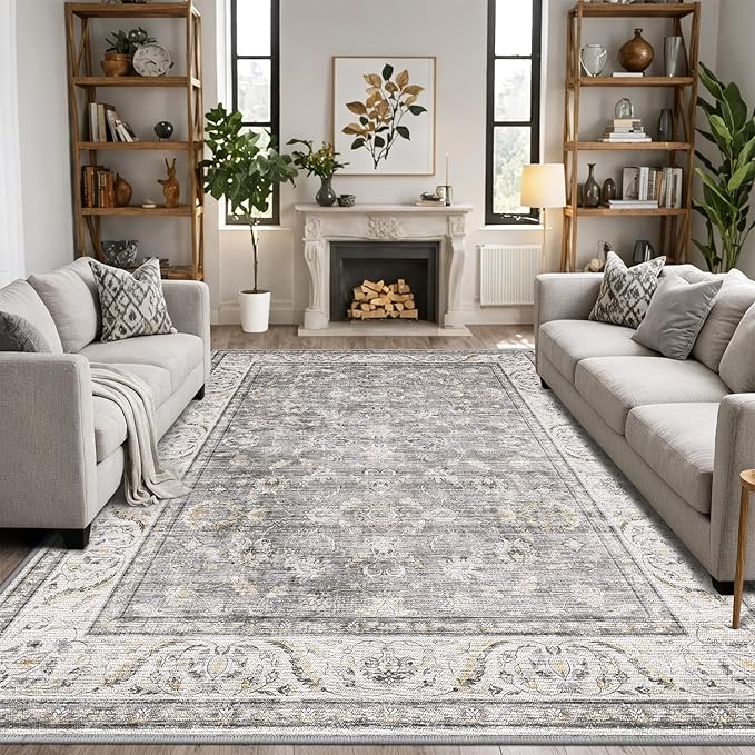 LUMI 8x12 Washable Area Rug for Living Room, Ultra Soft Traditional Vintage Rugs Non Slip with Rubber Backing, Low Profile, High Traffic, Stain Resistant Carpets, Ideal for Bedroom, Dining Room