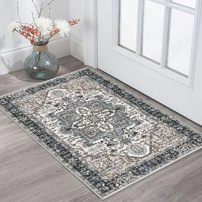 KOZYFLY Small Area Rug 2x3 Ft Rugs for Entryway Washable Boho Entry Rug Non Slip Door Mat Indoor Entrance Faux Wool Vintage Printed Kitchen Rug Throw Rugs for Entrance Kitchen, Black/Taupe/Beige
