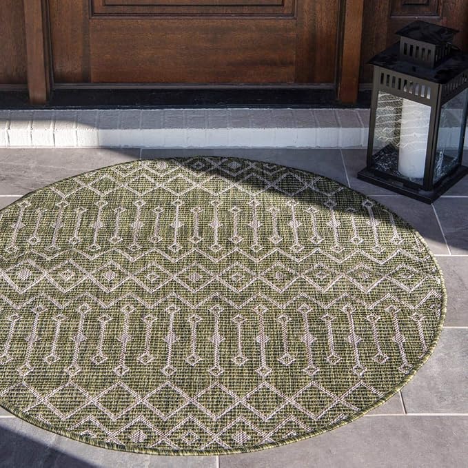 Unique Loom Outdoor Trellis Collection Area Rug - Tribal Trellis (4' 1" Round, Green/ Natural)