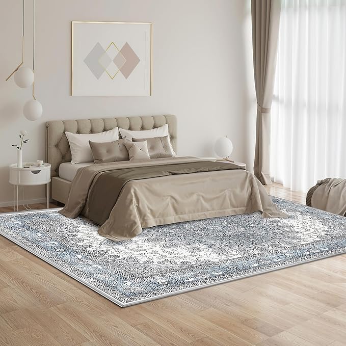 5’x7’ Area Rugs for Living Room Non Slip Washable Low Pile Area Rugs for Bedroom Dining Foldable Vintage Carpets Blue