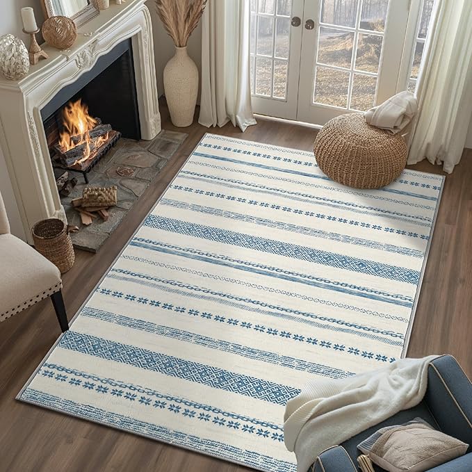 jinchan Moroccan Boho 3x5 Area Rugs for Entryway - Machine Washable Soft Throw Rug Bohemian Design Non-Slip Carpet for Entrance Living Room Kitchen Bedroom (3‘x5', Blue)