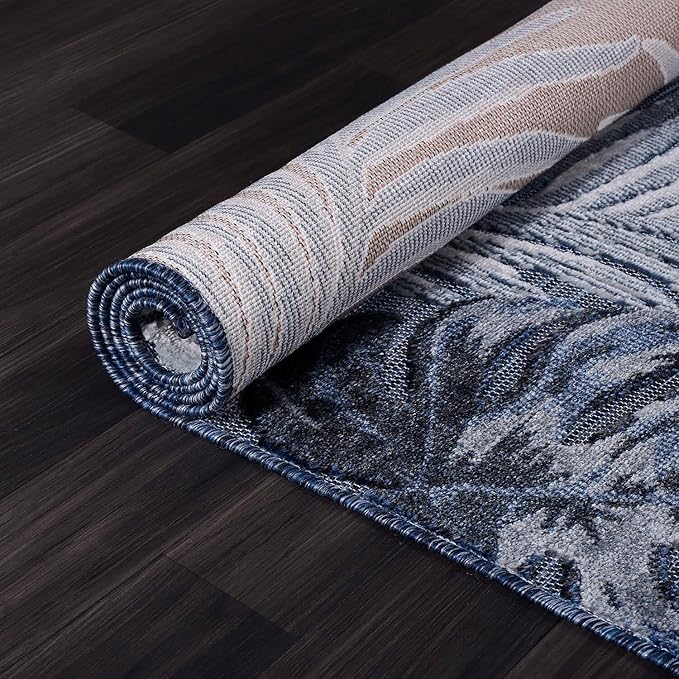 CAMILSON Indoor Outdoor Rug, Navy 10’x14’ Leaf Tropical Botanical Area Rugs for Indoor and Outdoor patios, Easy-Cleaning Non-Shedding Living Room, Garden and Kitchen Washable Outside Carpet (10x14)