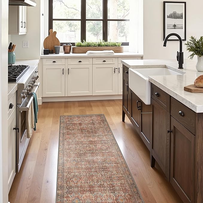 2x10 Runners Machine Washable Boho Rug for Hallway,Ultra-Thin Low Pile,Lightweight Carpet,Non Slip Floral Runners for Enrtyway, Corridor, Home Office, Kitchen,Terracotta/Indigo