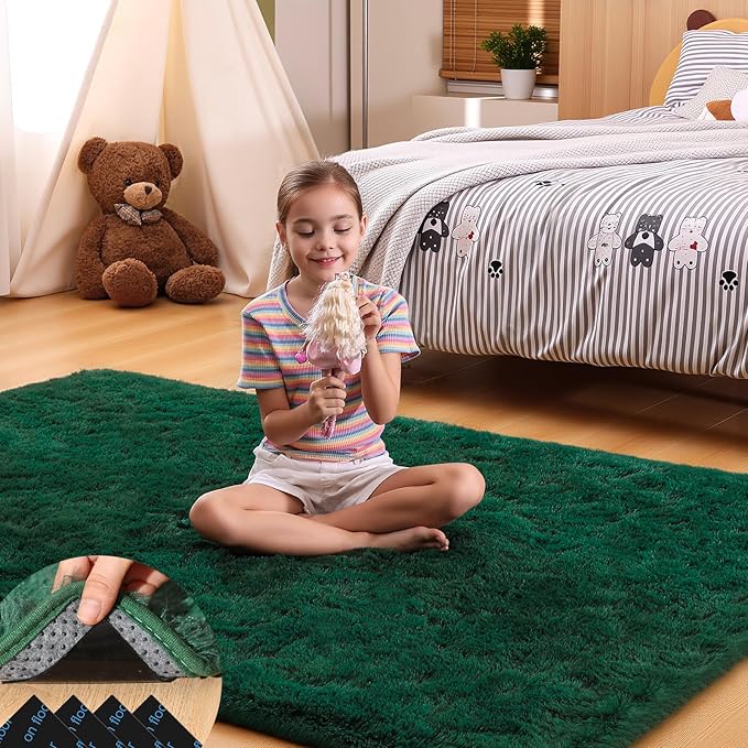 4x6 Dark Green Rugs for Bedroom Living Room, Fluffy Small Area Rug Soft Shag Carpet for Kids Boys and Girls Room with 4 Rugs Non-Slip Stickers Dorm Home Decor (4ft x 6ft)