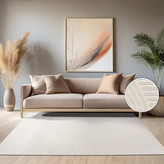 Paco Home Modern Area Rug with Raised Curved Line Pattern – Minimalist Design in Cream, Size: 4' x 5'7"