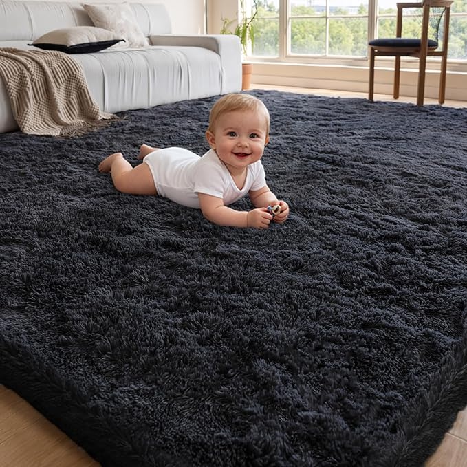 5x7 Area Rugs for Living Room Bedroom,Soft Fluffy Shaggy Bedside Rug, Indoor Floor Carpet for Kids Playroom, Dorms, Nursery Rooms, Home Decor (Black 5'x7')