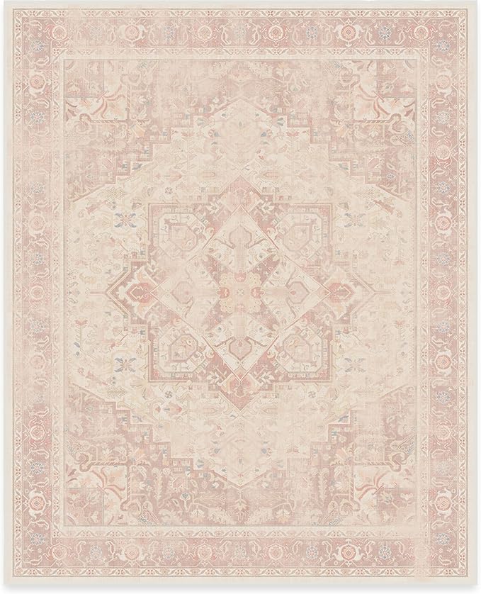 RUGGABLE Washable Area Rug – Kamran Soft Pink 8x10, Stain-Resistant, Non-Slip – Large Machine Washable Rugs for Living Room, Bedroom, Hallway, Entryway & Office–with Cushioned Pad