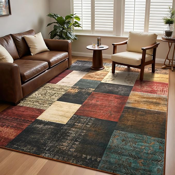 DweIke Washable Area Rugs for Living Room, 4x6 Soft Bedroom Rugs, Geometric Print Non-Slip Modern Rug, Stain Resistant Throw Carpets for Office Nursery Dining Room Home Dorm Decor, Colorful