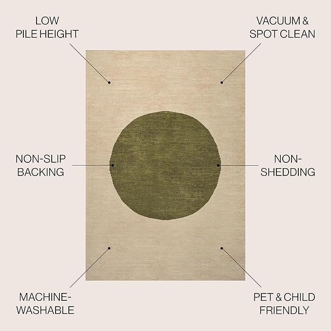 JONATHAN Y Machine Washable Cream/Green Indoor Area Rug 3X5 ft, Cirkel Minimalist Geometric Dot for Living Room, Bedroom, Kitchen, Office, Easy-Cleaning, Pet-Friendly, Non-Shedding WSH113C-3