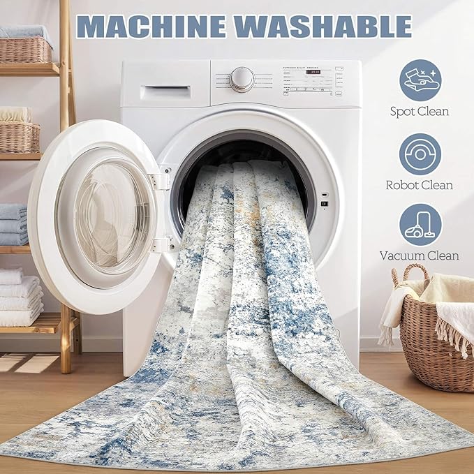 Area Rug Living Room Rugs - 7x9 Abstract Large Soft Indoor Washable Rug Neutral Modern Low Pile Carpet for Bedroom Dining Room Farmhouse Home Office - Blue