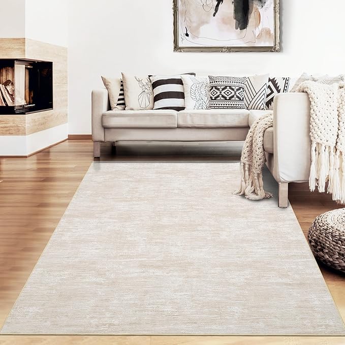 RUGSREAL Bedroom Area Rug 4x6 Modern Abstract Area Rug Stain Resistant Small Living Room Rug Contemporary Dining Room Rug Non-Slip Solid Rug Aesthetic Accent Floor Carpet for Kitchen Office, Beige