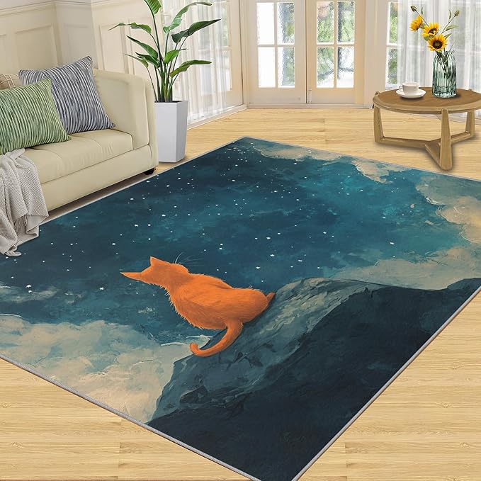 Orange Cat Rugs for Bedroom - 6x9 Area Rug - Cartoon Starry Sky Rugs for Living Room, 3D Cute Cat Rug, Non-Slip Washable Home Decor Carpet