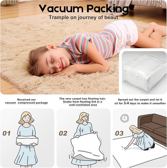 3x5 Light Tan Rugs for Bedroom Living Room, Fluffy Small Area Rug Soft Shag Carpet for Kids Boys and Girls Room with 4 Rugs Non-Slip Stickers Dorm Home Decor (3ft x 5ft)