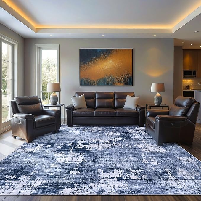 Area Rug Living Room Rugs - 5x8 Washable Large Soft Indoor Neutral Modern Abstract Low Pile Rug Carpet for Bedroom Dining Room Farmhouse Home Office - Navy Blue