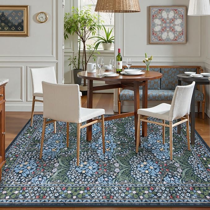 Lahome Floral Washable Area Rugs 5x7, Soft Blue Rugs for Living Room Bedroom, Boho Non Slip Low Pile Forest Stain Resistance Large Throw Carpet for Farmhouse Dining Room Office, Blue