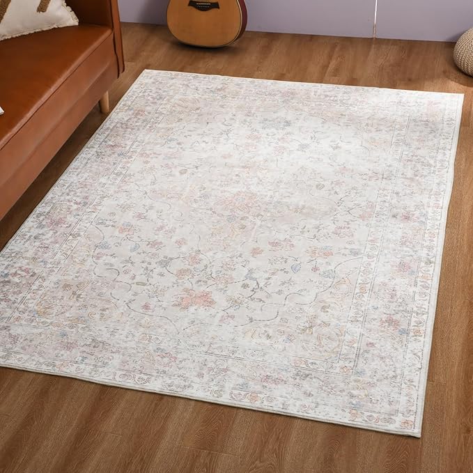4x6 Washable Rug – Boho Non-Slip Indoor Area Rug for Living Room, Bedroom, Dining Room, Entryway –Pastel Multicolor on Cream Base