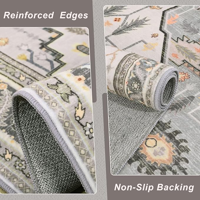 3x5 Grey Beige Area Rug for Living Room, Machine Washable Rugs with Non-Slip Backing for Bedroom, Vintage Medallion Carpet Kitchen Laundry Kids Room Decor